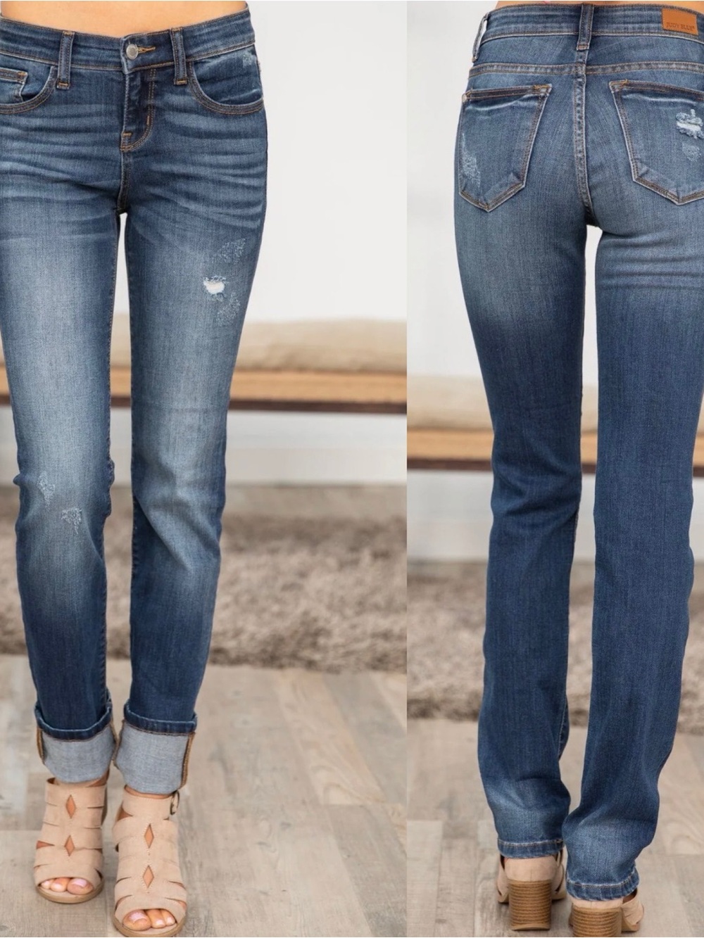 Judy Blue Distressed Joshua Straight Leg Dark Wash Cuff Jeans 7/28
